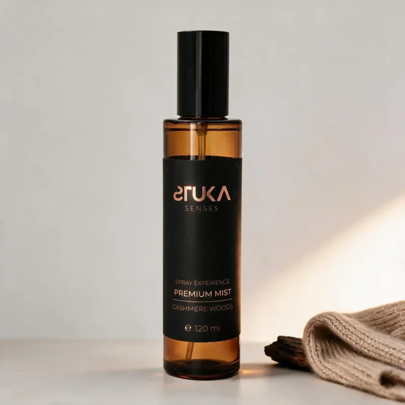 Cashmere Woods Spray Aromatizante Premium 120 mL, botella ámbar con etiqueta cobre y negro sobre fondo blanco