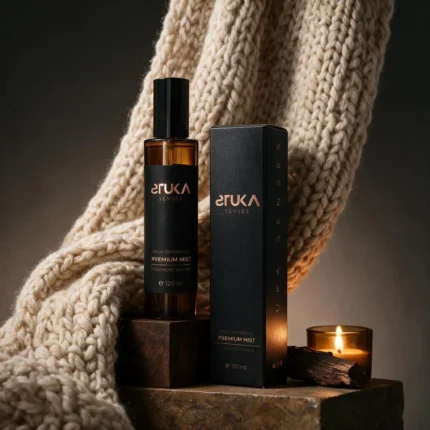 Cashmere Woods Spray Aromatizante Premium junto a su caja de presentación en tono negro y cobre, diseño elegante STUKA SENSES