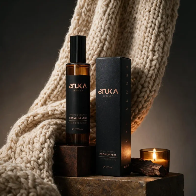 Cashmere Woods Spray Aromatizante Premium junto a su caja de presentación en tono negro y cobre, diseño elegante STUKA SENSES