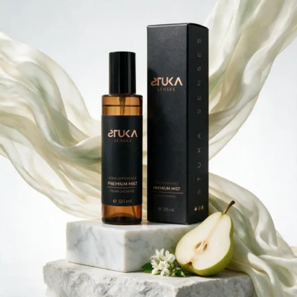 Pear & Jasmine Spray Aromatizante Premium con su caja de presentación, diseño fresco y floral