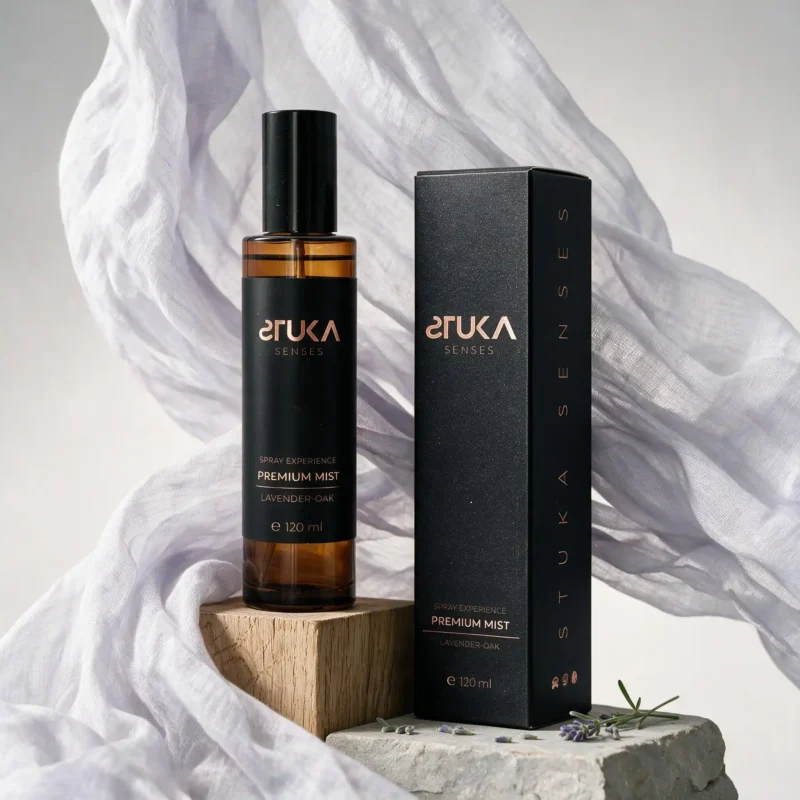 Lavender Oak Spray Aromatizante Premium con su caja de presentación, diseño relajante y sofisticado