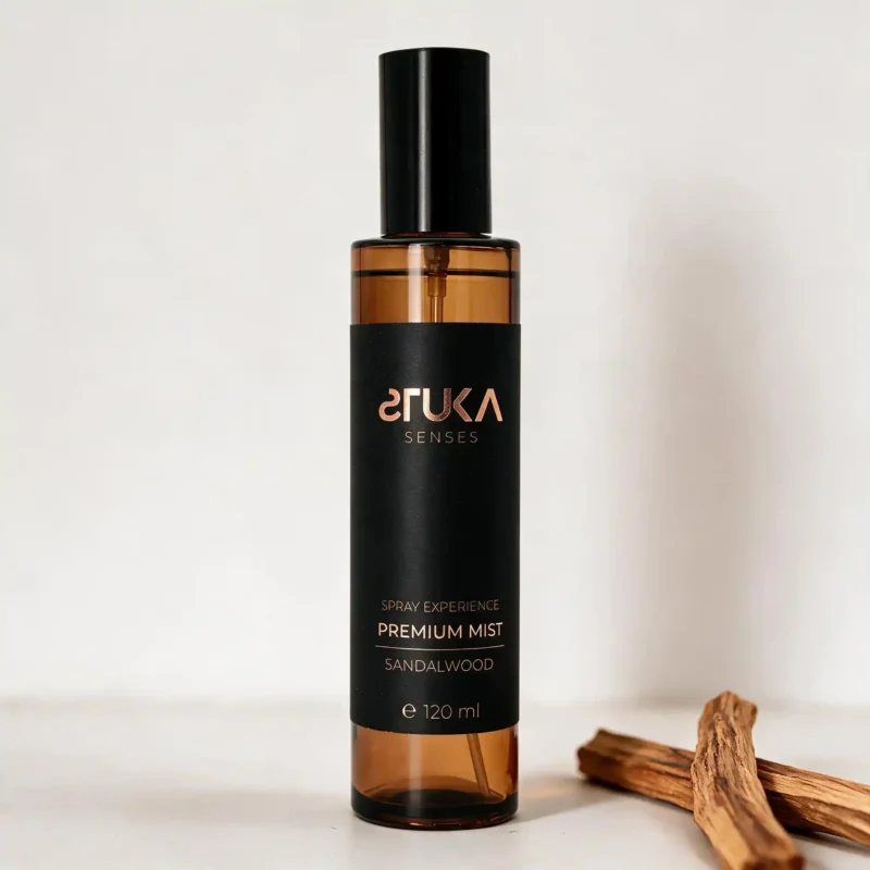 Sandalwood Spray Aromatizante Premium 120 mL, botella ámbar con etiqueta cobre sobre fondo blanco