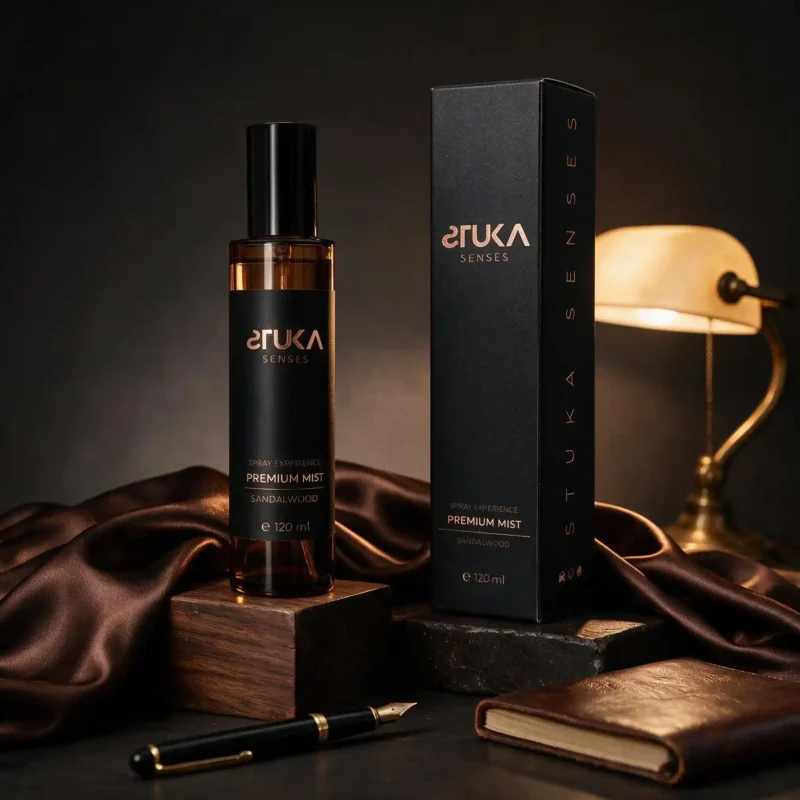Sandalwood Spray Aromatizante Premium con su caja de presentación en tono negro y cobre