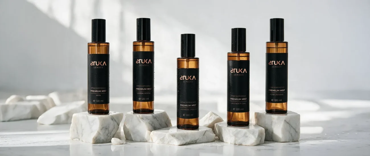 Colección completa STUKA SENSES sobre repisa minimalista, aromatizantes premium 100% orgánicos para cada ambiente del hogar