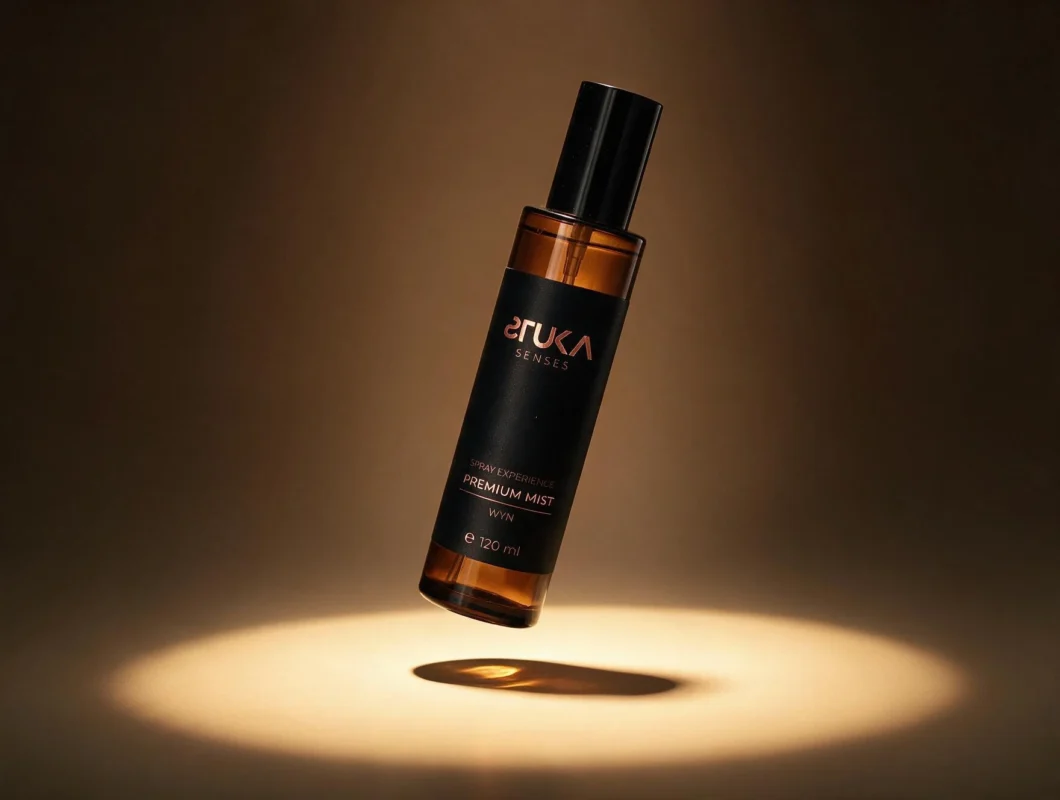 WYN 120ml de STUKA SENSES, botella negra con boquilla spray sobre fondo oscuro, fragancia inspirada en la alta hotelería de lujo